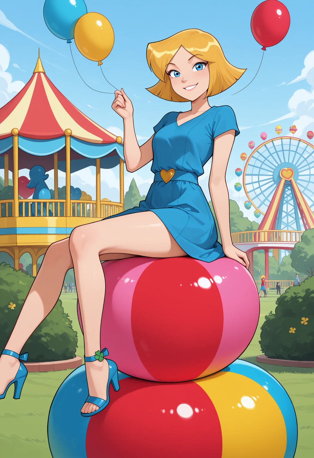 masterpiece, best quality, amazing quality, very aesthetic, high resolution, ultra-detailed, absurdres, newest, scenery,high contrast, BREAK   <lora:Clover_TS_ILXL:1> 1girl,clover_totally_spies, short hair, blonde hair, blue eyes,blue dress,multicolored balloons,outdoors,amusement park,sits on balloons,smiling,looking at viewer (<lora:StS_PonyXL_Detail_Slider_v1.4_iteration_3:1>:0.8)