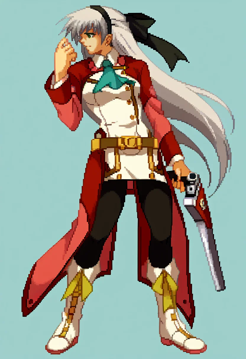 score_9, score_8_up, score_7_up, source_anime, BREAK, solo, 1girl, looking to the side, <lora:Guilty-Gear-SpritesV2-pdxl_Fp:1>, simple background, pixel art, standing, <lora:elie-pdxl-nvwls-v2:1>, zeroelie, grey hair, long hair, green eyes, black hairband, hair ribbon, black ribbon, red shrug top, blue ascot, white dress, yellow belt, skirt, thighs, black pantyhose, white boots, holding gun,