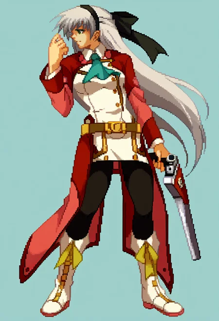 score_9, score_8_up, score_7_up, source_anime, BREAK, solo, 1girl, looking to the side, <lora:Guilty-Gear-SpritesV2-pdxl_Fp:1>, simple background, pixel art, standing, <lora:elie-pdxl-nvwls-v2:1>, zeroelie, grey hair, long hair, green eyes, black hairband, hair ribbon, black ribbon, red shrug top, blue ascot, white dress, yellow belt, skirt, thighs, black pantyhose, white boots, holding gun,