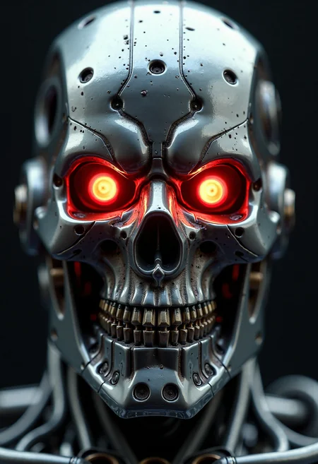 The photograph in question is a stunning, high-detail image of the endoskeleton of a terminator cybernetic machine soldier. The composition of the photograph is expertly executed, with the viewer's focus immediately drawn to the intricate details of the machine's face. The use of close-up framing allows the audience to see every nut, bolt, and weld in sharp relief, creating a sense of awe and wonder at the complexity of the technology on display.
The lighting in the photograph is exceptional, casting deep shadows and bright highlights across the contours of the terminator's skull and mechanical eyes. The backlighting is particularly noteworthy, as it creates a halo effect around the edges of the machine's face, adding an otherworldly quality to the image. This lighting technique also serves to highlight the texture and sheen of the titanium skull, which appears almost organic in its detail.
The mechanical eyes of the terminator are a striking feature of the photograph. They glow with an eerie red light, casting an ominous pall over the rest of the image. This red glow adds a sense of menace and foreboding, hinting at the destructive potential of the machine. The eyes are also incredibly detailed, with intricate wiring and circuitry visible beneath the surface of the glassy lenses.
The intricacy of the detail in the photograph is truly remarkable. Every screw and rivet is perfectly rendered, giving the viewer a sense of the precision and care that went into the construction of the terminator's endoskeleton. The texture of the titanium skull is particularly impressive, with every pore and crevice visible in sharp relief. The wiring and circuitry that crisscross the machine's face are also meticulously detailed, adding to the overall sense of realism.
Despite the cold, mechanical nature of the terminator's endoskeleton, the photograph manages to convey a sense of humanity. The lighting and composition give the machine a sense of depth and character, making it feel almost alive. The red glow of the mechanical eyes adds an emotional charge to the image, hinting at the machine's inner workings and motivations.
Overall, the photograph is a masterclass in high-detail photography. The use of lighting, composition, and backlighting creates a stunning, realistic image that is both fascinating and unsettling. The intricate detail of the terminator's endoskeleton adds to the sense of realism, making it feel like a genuine piece of technology. The red glow of the mechanical eyes adds an emotional charge to the image, hinting at the machine's inner workings and motivations. This photograph is a true work of art, showcasing the power and potential of modern photography.