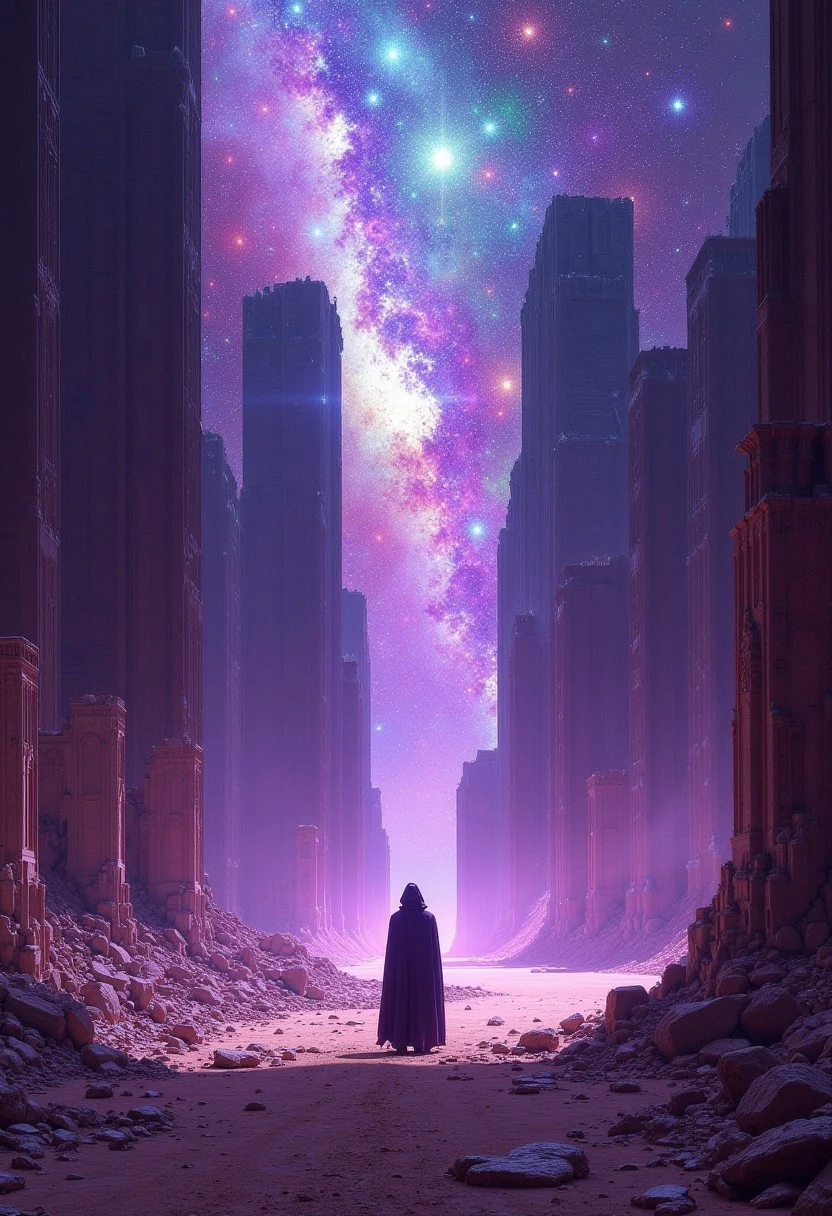 A desolate, cosmic desert stretches beneath a fractured sky, where the remnants of an ancient civilization crumble in the sand. Towering ruins, once grand, now stand in decay, casting long shadows across the barren landscape. Above, the sky is shattered, with brilliant celestial light spilling through the jagged cracks. Cosmic energies swirl in vivid, ethereal hues of deep purples, greens, and electric blues, contrasting against the dark void beyond. The stars shine intensely, scattered like silver dust amidst the chaos. In this surreal scene, a lone cloaked figure stands on a broken stone platform, gazing upward, caught between the ruins of a forgotten past and the chaotic light of an uncertain future. The clash of decaying history and the cosmic spectacle creates an atmosphere both majestic and unsettling, where the weight of time collides with the mysteries of the cosmos. (purple sky colors: 2.5) (ethereal glow: 2.3)
