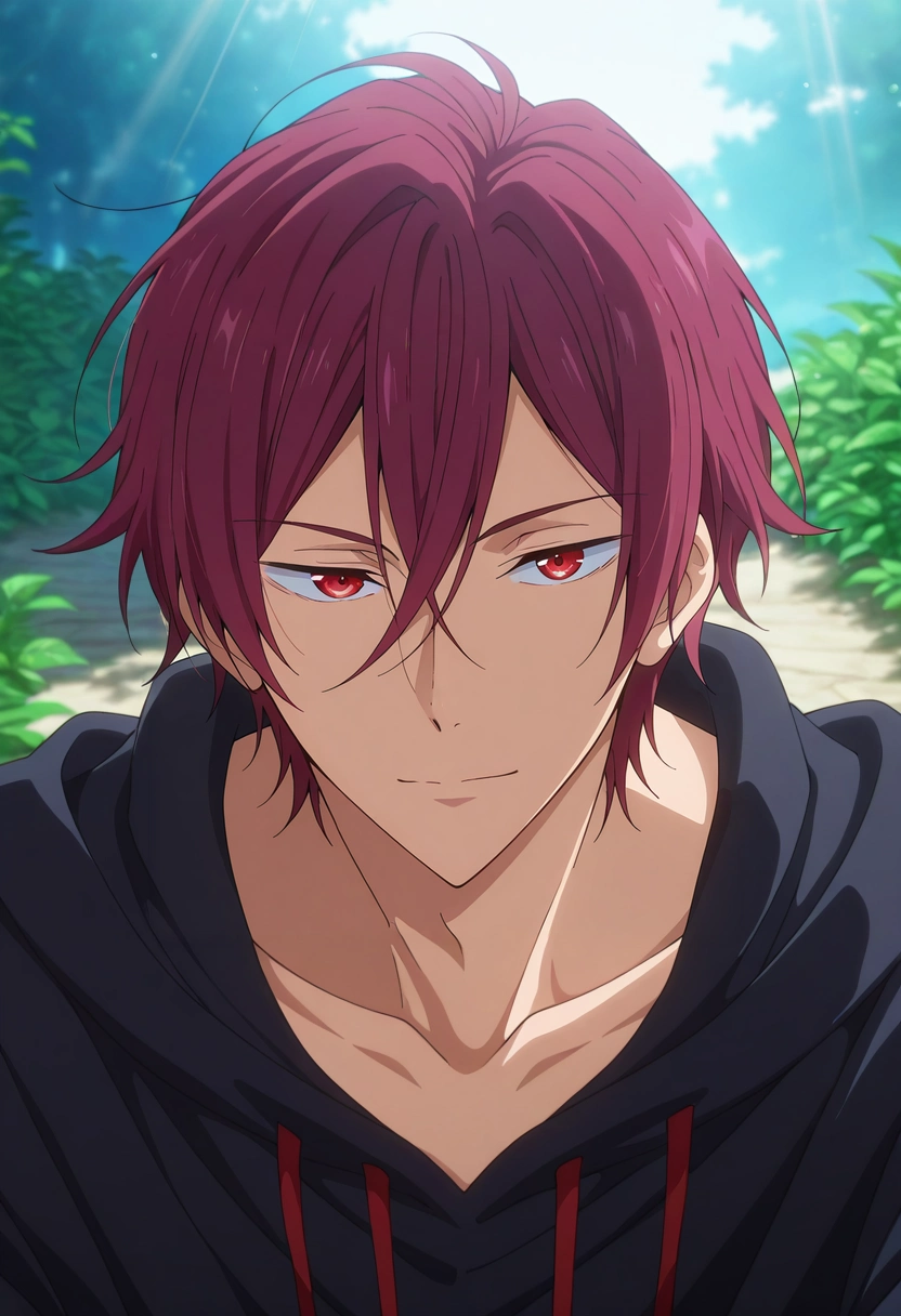 masterpiece, best quality, intricate details, anime screencap, anime coloring, official style, , 1boy, solo, male focus, <lora:rin_matsuoka_ilxl:0.9>, rin_matsuoka, red hair, red eyes, hair between eyes, hidden glade, soft sunlight, wild blooms, serene streams, resting pose, peaceful expression, morning dew,