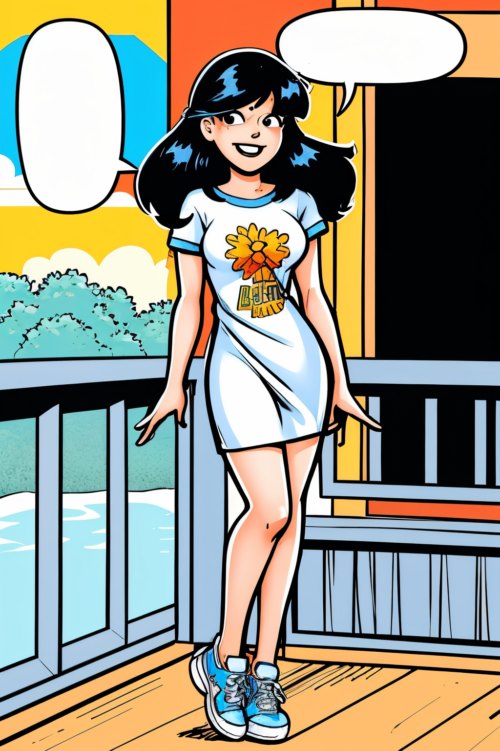Marathis (India) 26 years old woman Silver Stack , in the Balcony, Standing with legs slightly apart and arms folded behind back, T-shirt dress with sneakers, speech bubble, EdobArchieComicsArtStyle <lora:EdobArchieComicsArtStyle_v1.0:0.8>