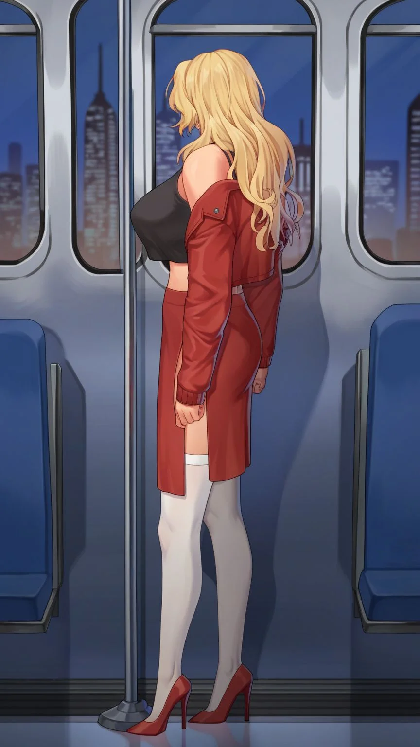 score_9, score_8_up, score_7_up, score_6_up, score_5_up, score_4_up, BREAK <lora:mieko0703-sdxl-reg-000036:1>, mieko \(itazura\), 1girl, solo, long hair, wavy hair, large breasts, black crop top, skirt, blonde hair, thighhighs, standing, jacket, full body, midriff, miniskirt, off shoulder, train interior, window, night, cityscape, pole, high heels, white thighhighs, pelvic curtain, red skirt, pencil skirt, red jacket, red footwear, from side, facing away
