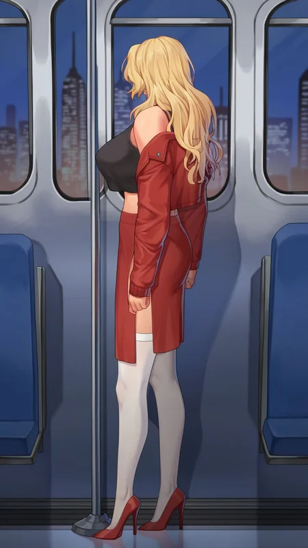 score_9, score_8_up, score_7_up, score_6_up, score_5_up, score_4_up, BREAK <lora:mieko0703-sdxl-reg-000036:1>, mieko \(itazura\), 1girl, solo, long hair, wavy hair, large breasts, black crop top, skirt, blonde hair, thighhighs, standing, jacket, full body, midriff, miniskirt, off shoulder, train interior, window, night, cityscape, pole, high heels, white thighhighs, pelvic curtain, red skirt, pencil skirt, red jacket, red footwear, from side, facing away