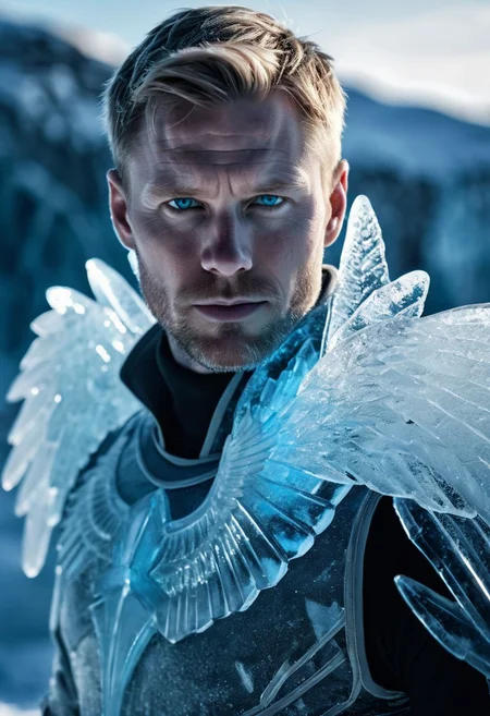 photo of 35 y.o Scandinavian man, short hair, upper body, mask of translucent ice covering half of his face, detailed face, cinematic shot, dramatic lighting, icy blue eyes, wings of ice, holding ice sword, dynamic pose, clothes of ice, ice armor, aurora borealis, high quality, sharp focus