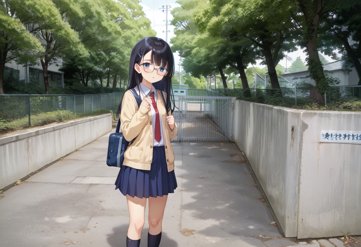 score_9, score_8_up, score_7_up, rating_safe, masterpiece, best quality, absurdres, unity 8k wallpaper, official art, official style, source_anime, uncensored, game cg, megami magazine,
1girl, solo, glasses, black hair, long hair, blue eyes, collared shirt, red necktie, pleated skirt, blue skirt, cardigan, looking at viewer, blush, school bag, 
school gate, tree, scenery, outdoors, fence, day, sign, building, real world location
 <lora:schoolgate_PONY_V1:1>