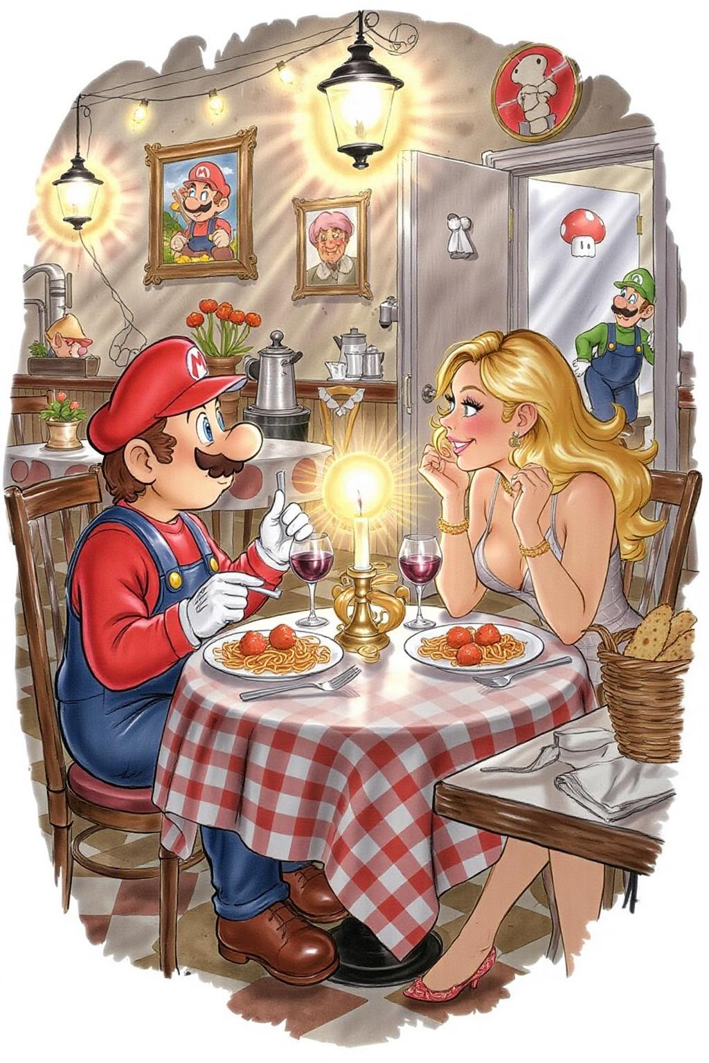 d0sn illustration.
A whimsical and lighthearted illustration of Super Mario dining with a blonde woman at a cozy Italian restaurant. Mario, in his iconic red cap and overalls, sits at a candlelit table across from the woman, who has long, flowing blonde hair and a chic, modern outfit. The table is set with classic Italian fare: a large plate of spaghetti and meatballs in the center, a basket of garlic bread, and two glasses of red wine.
Mario looks cheerful, gesturing animatedly with his fork, while the woman smiles warmly, enjoying the conversation. The restaurant's ambiance is romantic yet casual, with checkered tablecloths, string lights, and walls adorned with Mario-themed decor, like framed mushrooms and pipes. In the background, Luigi can be seen peeking from the kitchen door, subtly spying on the pair with a curious expression.
 <lora:d0sn_illus1_fl_d6a3:1.0> <lora:Flux-Sch-SingleBlocks-BF16:1.0><lora:803579031221111907:0>