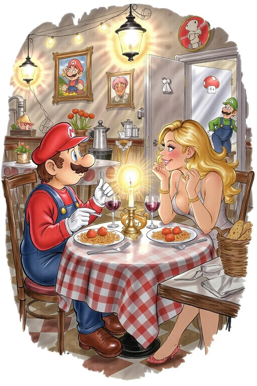 d0sn illustration.
A whimsical and lighthearted illustration of Super Mario dining with a blonde woman at a cozy Italian restaurant. Mario, in his iconic red cap and overalls, sits at a candlelit table across from the woman, who has long, flowing blonde hair and a chic, modern outfit. The table is set with classic Italian fare: a large plate of spaghetti and meatballs in the center, a basket of garlic bread, and two glasses of red wine.
Mario looks cheerful, gesturing animatedly with his fork, while the woman smiles warmly, enjoying the conversation. The restaurant's ambiance is romantic yet casual, with checkered tablecloths, string lights, and walls adorned with Mario-themed decor, like framed mushrooms and pipes. In the background, Luigi can be seen peeking from the kitchen door, subtly spying on the pair with a curious expression.
<lora:d0sn_illus1_fl_d6a3:1.0> <lora:Flux-Sch-SingleBlocks-BF16:1.0><lora:803579031221111907:0>