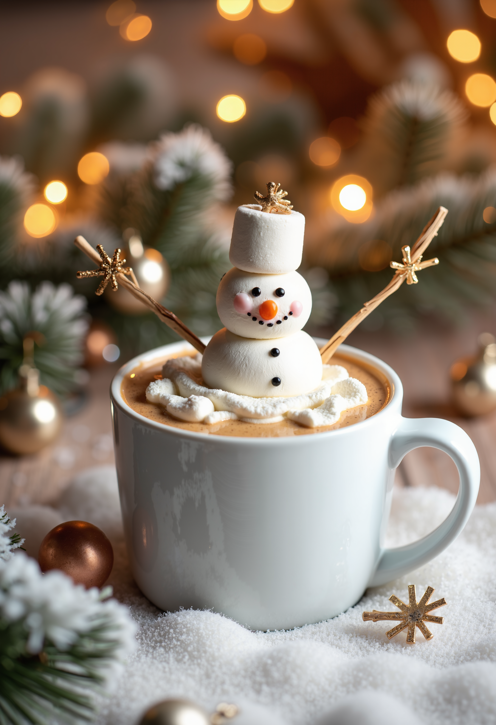 bo-christmas, christmas mood, a high-resolution photograph featuring a cozy, festive scene set against a backdrop of a snow-covered pine tree and a warm, golden-brown, fairy-tale-lit garland, the focal point is a white ceramic mug filled with a creamy, frothy latte, topped with a dollop of whipped cream and a small snowman made of marshmallows and two wooden sticks, the snowman is adorned with a few golden snowflake-like decorations, adding a whimsical touch, to the left of the mug, there are several smaller, metallic ornaments, possibly christmas baubles, scattered around the scene, the pine tree branches are covered in a soft, frosty texture, and the background is dominated by a blanket of white snow, creating a serene yet cozy atmosphere, the overall color palette is warm and inviting, with the white mug and snowman contrasting against the cool, golden tones of the garland and ornament, the image exudes a sense of warmth and holiday cheer, with a focus on the festive and cozy setting, high quality, ultra detailed, colorful, abstract, fantasy.<lora:Flux Christmas Dreams Lora\Christmas Dreams_epoch_5.safetensors:1.0:1.0>