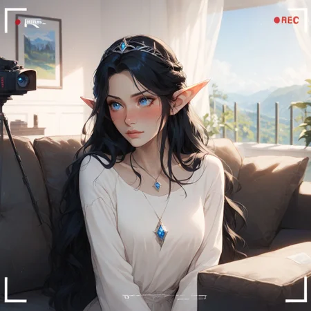 Fullmetal_alchemist style, triba1gir1XL, score_9, score_8_up, score_7_up, 1girl, Arwen_Undómiel, Arwen_(Lord_of_the_Rings), Evenstar, evenstar_pendant, pendant, jewelry, Arwen, elf, blue eyes, black hair, long hair, sidelocks, (embarrassed), sitting, full-face blush, on couch, (recording), media player interface, battery indicator, Scenery, indoors, (casting_couch:1.2)