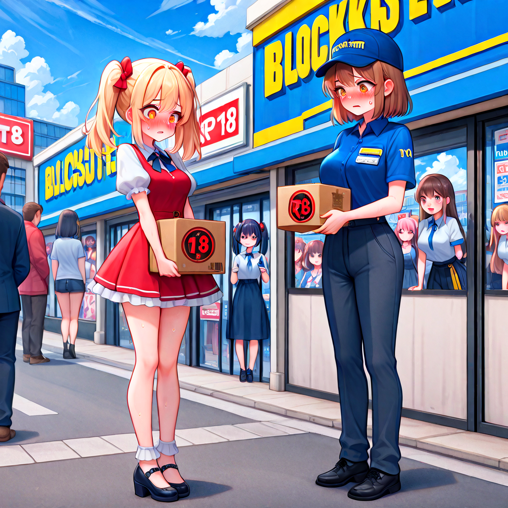 absurdres, explicit, blockbuster, storefront, huge box, R18 dvd case, holding, 2girls, a petite female, shy, blush, unhappy, angry, sweat, breasts, parted lips, twintails, short dress, a tall female, pants, employee uniform, height difference, glass wall, full body, road, shoes, signboard, R18 text poster, street, crowd, people, 6+girls, 6+boys, outdoor, sky, cloudy sky, looking down,<lora:girllikeblockbuster_ilxl:1>