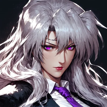 score_9, score_8_up, score_7_up, masterpiece, very high quality, precia testarossa, long hair, white shirt, necktie, middle aged woman, milf, regal, solo, 1girl, epiCPhoto, tall woman, blank background, BadDream, upper body, epic, purple eyes