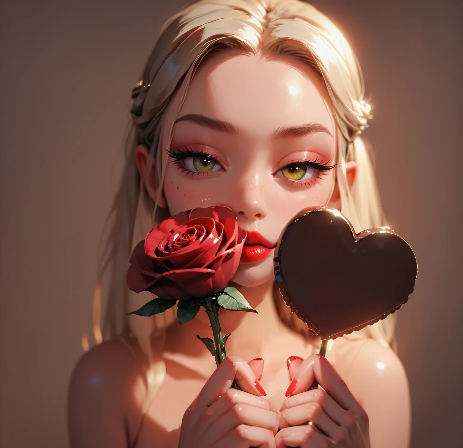 score_9, score_8_up, score_7_up, score_6_up, seductive, hd, best quality, highres, extremely detailed, ultra sharp, depth of field, (detailed skin, Beautiful face), zPDXL3, (embedding:zPDXL3:1.0), 1girl, solo, standing, red lips, red fingernails, portrait, brown background, red rose, holding red rose, holding a heart shaped chocolate, holding, red rose, giving to viewer, Valentine theme, chocolate, pov, Split Lighting, (bust), (extreme closeup), mirror, looking at viewer, upper body shot, <lora:EnvyPonySeductress01a:0.62> <lora:g0th1cPXL:0.38> <lora:incase-ilff-v3-4:0.33> <lora:princess_xl_v2:0.8> <lora:S1_Dramatic_Lighting_v3:0.5>