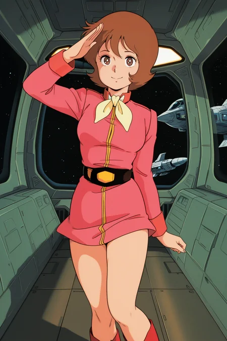 masterpiece, best quality, amazing quality, absurdres, frawbow79, brown hair, solo, smile, salute, looking at viewer, standing, pink military uniform, yellow ascot, bare legs, red boots, medium breasts, indoors, spacecraft, science fiction, retro artstyle