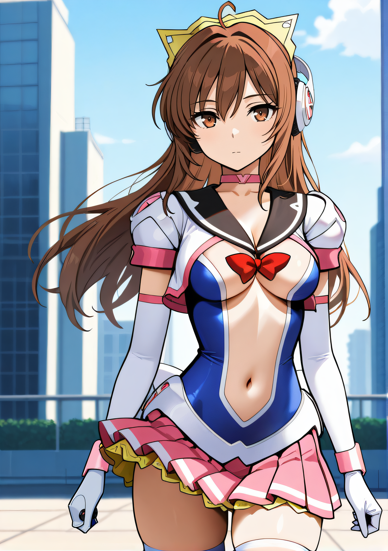 masterpiece, best quality, highres, newest, 1girl, solo, official style, <lora:Symphonic_Lily:1>, lily, brown hair, brown eyes, yellow headdress, white headphones, pink choker, cleavage, black sailor collar, red_chest_ribbon, navel, blue body suit, elbow gloves, pleated pink skirt, yellow frills, white thighhighs, looking at viewer, expressionless, cowboy shot, outdoor