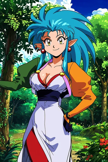 score_9, score_8_up, score_8, medium breasts, (curvy), cute, eyelashes, ,,, , ,,, zzRyouko, spiked hair, long hair, yellow eyes, pointy ears, blue hair, cleavage, long sleeves, gloves, jewelry, earrings, retro artstyle, 1990s (style), <lora:Ryouko_PDXL:1.0>, ,,,, BREAK, smile, looking at viewer, cowboy shot, ,,, outdoors, sky, day, cloud, tree, blue sky, sunny, ,,, Expressiveh, ,,, <lora:Alola_Style_PDXL:0.8>, <lora:Expressive_H-000001:0.4>,