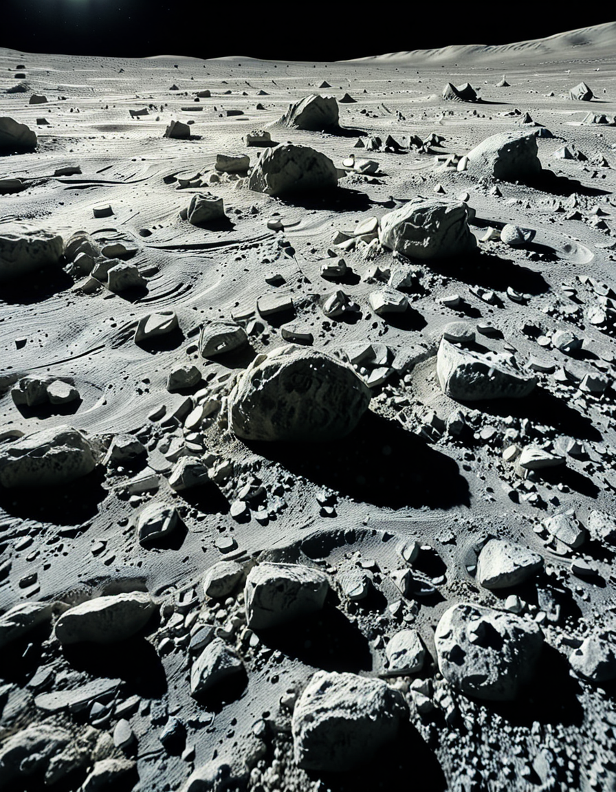 A high-resolution photograph of the Moon's surface, showcasing its rocky, cratered terrain with fine lunar dust. The foreground is dominated by detailed lunar regolith, with small rocks and uneven textures illuminated by the harsh, direct sunlight. Shadows are sharp and deep due to the lack of atmosphere. In the background, Earth appears as a vibrant blue and white sphere, partially illuminated, contrasting against the blackness of space. The composition is balanced, with Earth positioned slightly off-center to create a sense of depth and scale. The lighting is natural, with the Sun casting a bright glow on the lunar surface while leaving some areas in darkness, emphasizing the stark and desolate beauty of the Moon.
<lora:SDXLFaeTastic2400:0.4> <lora:extremely_detailed:0.4> extremely detailed, <lora:moon_surf4c3_v2:1>,moon surf4c3, Masterpiece,best quality,hi res,8k,hi res,8k,award winning,(sharp focus, intricate, highly detailed),