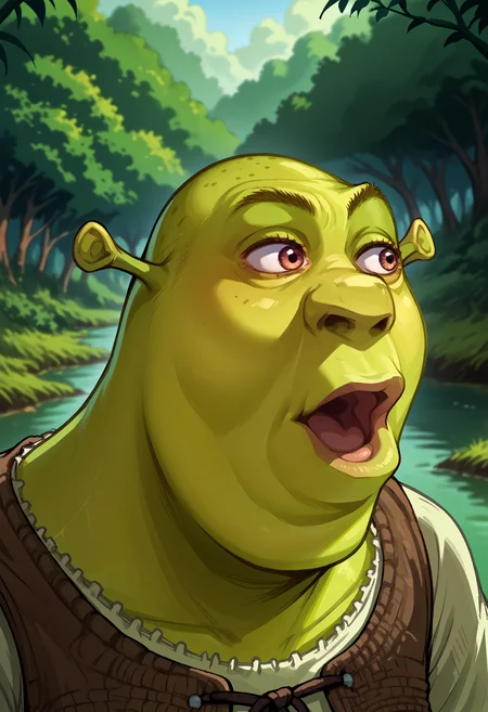 score_9, score_8_up,score_7_up, source_anime, 1boy, pog, open mouth, portrait,
looking to the side,
swamp, outdoors,
<lora:pgfc_pdxl_EliPot:1> <lora:Shrek_XLPD:1> shrek, green skin