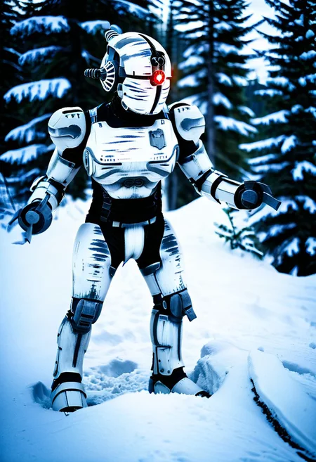 easynegative, extremely detailed, dark, chiaroscuro, low-key, AssaultronCosplay, zavy-strps, a white assaultron robot, ((the assaultron has grey stripes painted on its armor)), ((tiger stripe pattern)), in the mountains of Alaska, snow