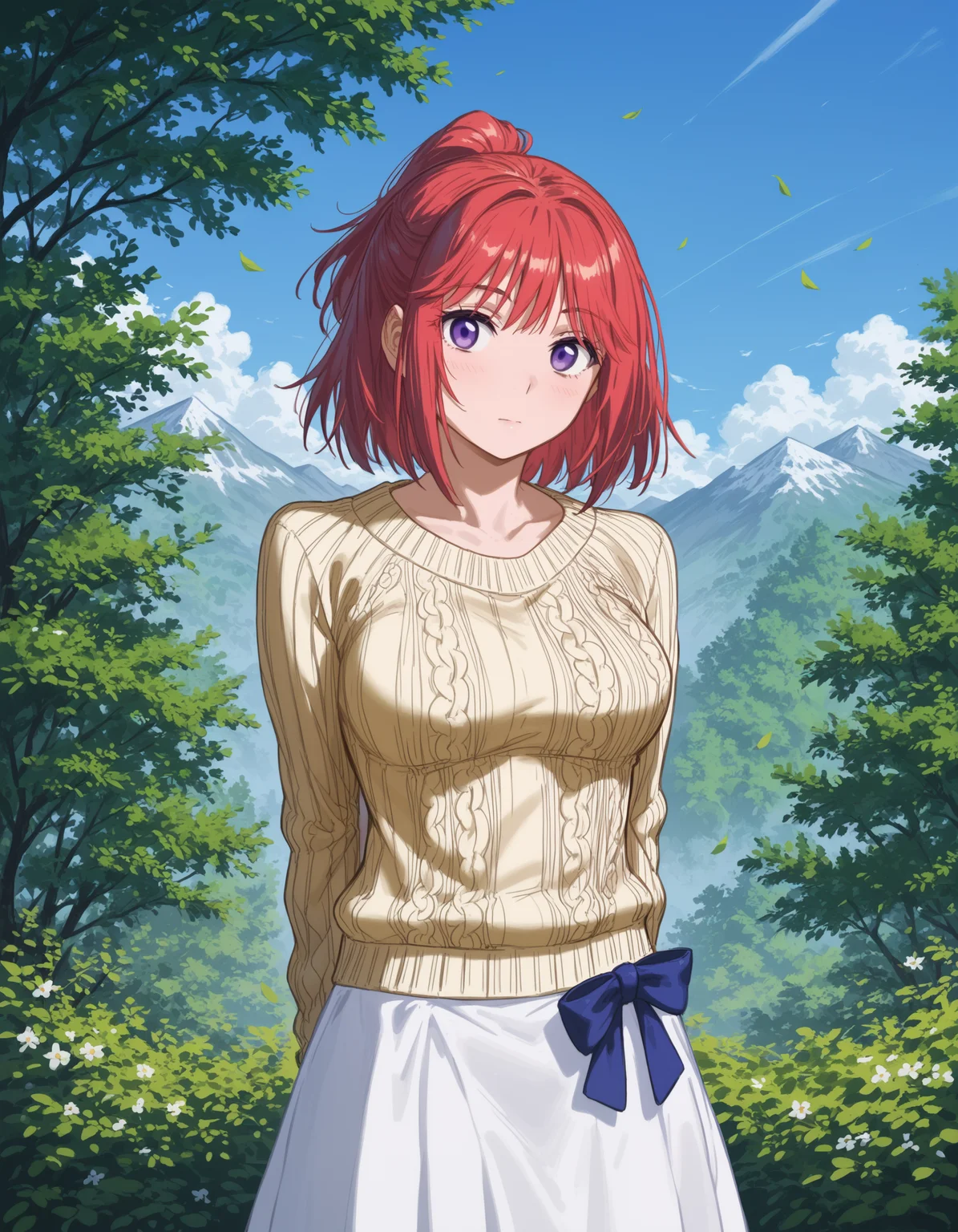 (score_9, score_8_up, score_7_up)
BREAK
yuri_olis, 1girl, solo, red hair, medium hair, ponytail, purple eyes, aran sweater, white skirt, dress bow, looking at viewer, arms behind back
BREAK
nature, scenery, forest, mountain, outdoors, blue sky
<lora:yuri_TsumaWoDousoukaiNiIkasetara_sdxl_v1:1>