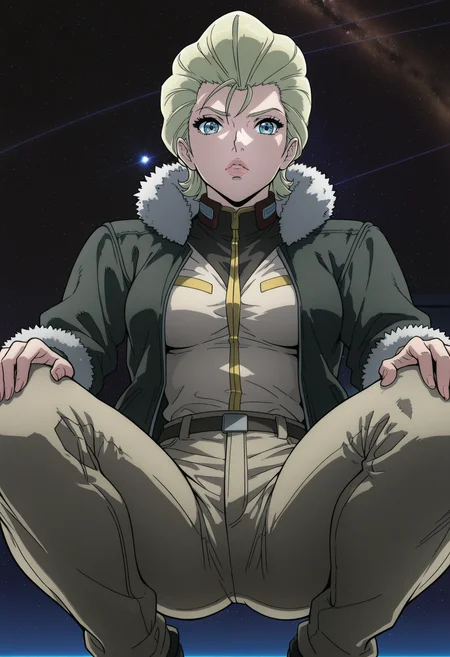 masterpiece, best quality, good quality, <lora:GTBClaudia:0.9>, GTBClaudia, 1girl, solo, blonde hair, short hair, hair slicked back, blue eyes, breasts, lipstick,
fur-trimmed jacket, open jacket, shirt tucked in, pants,
squatting, looking at viewer, hands on own knees, legs apart, from below, 
BREAK dark, science fiction, star \(sky\),