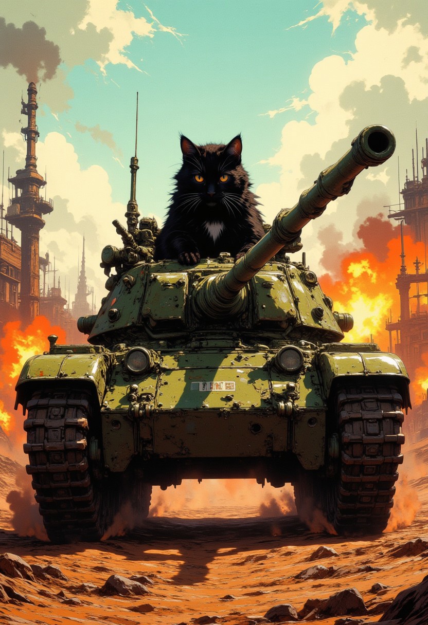cinematic film still award winning photo .A little black cat riding a large tank into a battlefield. intense coloring,shallow depth of field, vignette, highly detailed, high budget, bokeh, cinemascope, moody, epic, gorgeous, film grain, grainy,anime, cyberpunk, Comic book style