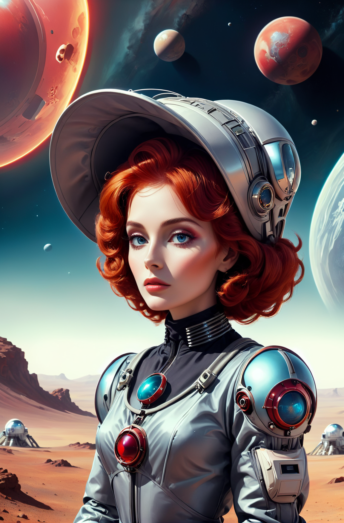 <lora:GeorgianStyleLocal:0.8> GeorgianStyle, triadic colors, digital painting, 1960s retrofuturism, woman with red hair and large grey hat wearing a spacesuit on a distant planet