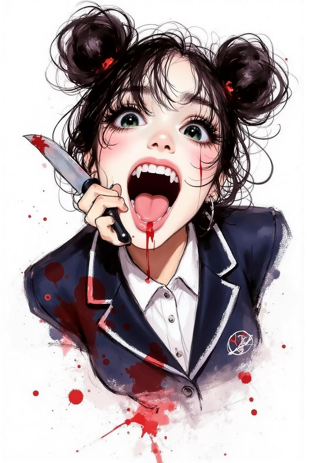 regr1 illustration.  masterpiece, best quality, amazing quality, very aesthetic, absurdres, newest, scenery, 1girl, toga himiko, teeth, open mouth, blood on face, smile, double bun, crazy eyes, holding knife, hand on own cheek, upper body, school uniform backlighting, from above, dutch angle, , close-up, photorealistic, dutch angle, (colorful), from above, (((paint splatter))),fisheye, , masterpiece, best quality, amazing quality, very aesthetic, absurdres, newest, scenery, volumetric lighting background is stark white <lora:regr3_shoujo_nocap_d6a3:1.0><lora:808054460157847670:0>