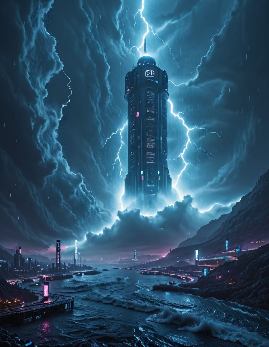 <lora:Space_Worlds_Minis_5:1> swminis5bis, in asia, beautiful landscape, seaside, storm, lightnings, trees, kanji, rain, wet, flowers, giant monster over city, unicorn, waves, lots of wind, from below, from side, depth of field, bridge, giant waves
