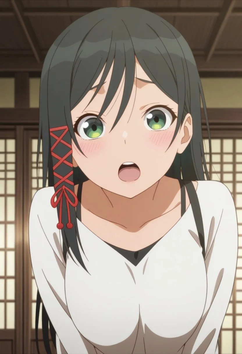 masterpiece,best quality,amazing quality, yae amagami, long hair, black hair, green eyes, 1girl, anime coloring, open mouth, solo, hair ornament, blush, ribbon