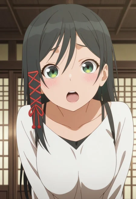 masterpiece,best quality,amazing quality, yae amagami, long hair, black hair, green eyes, 1girl, anime coloring, open mouth, solo, hair ornament, blush, ribbon
