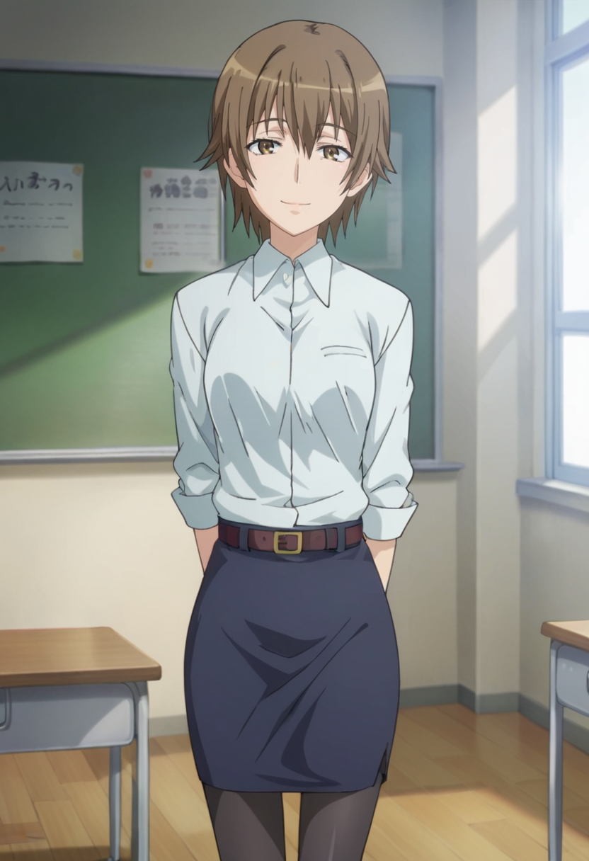 score_9,score_8_up,score_7_up,anime coloring BREAK source_anime,anime,<lora:Harumi_Kiyama_Toaru_Kagaku_no_Railgun:0.8>,hkiyama,1girl,solo,brown hair,short hair,brown eyes,collared shirt,pencil skirt,belt,pantyhose,skinny,arms behind back,smile,indoors,classroom,looking at viewer,