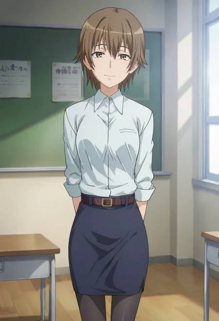 score_9,score_8_up,score_7_up,anime coloring BREAK source_anime,anime,<lora:Harumi_Kiyama_Toaru_Kagaku_no_Railgun:0.8>,hkiyama,1girl,solo,brown hair,short hair,brown eyes,collared shirt,pencil skirt,belt,pantyhose,skinny,arms behind back,smile,indoors,classroom,looking at viewer,