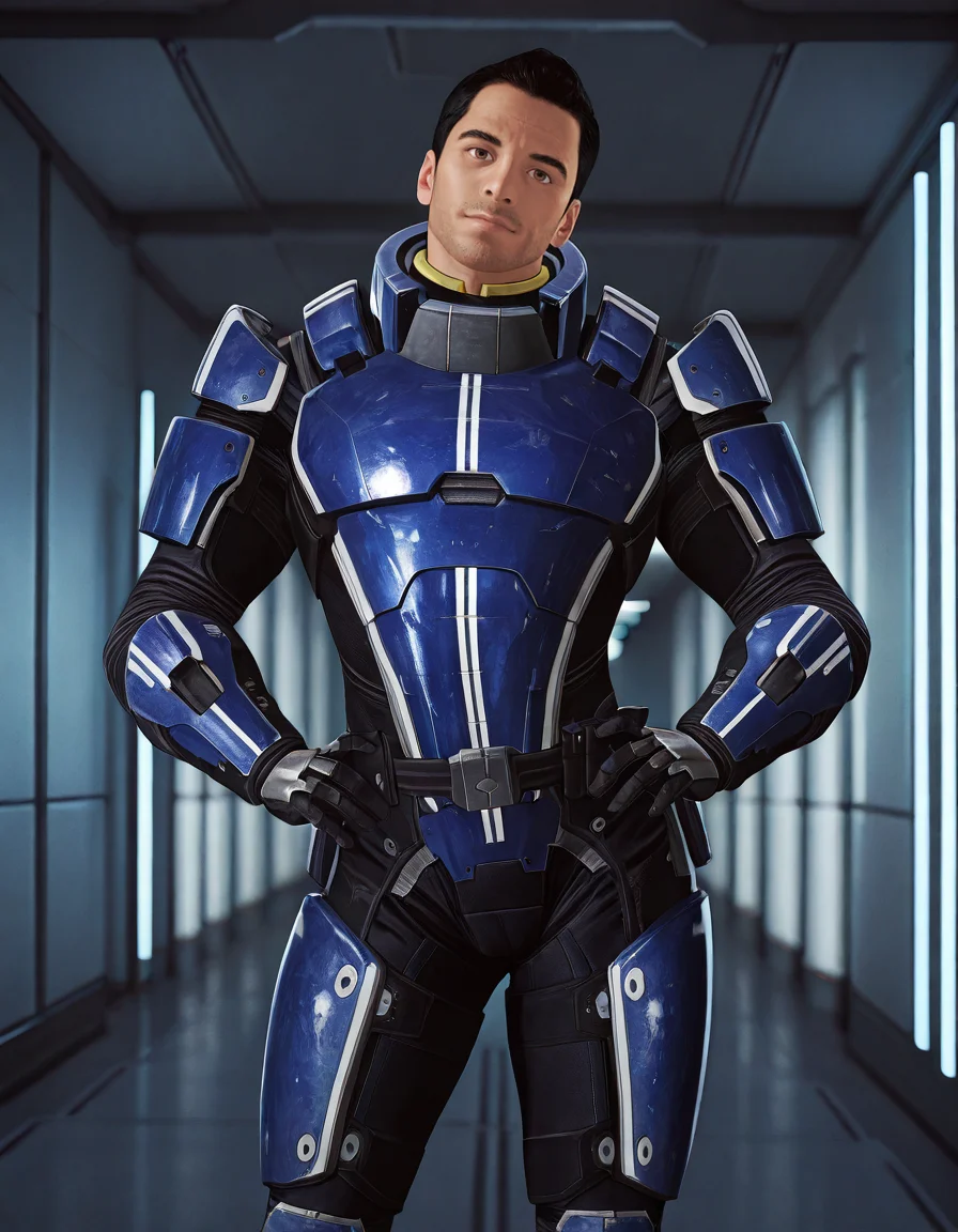 masterpiece, best quality, newest, perfect quality, best quality, detailed background, intricate details, male focus, solo, realistic, <lora:Mass Effect - Kaidan Alenko - Illustrious 2-000007:0.8>, mekalenko, 1boy, adult male, black hair, short hair, thick stubble, brown eyes, looking at viewer, spacecraft interior, head tilt, hallway, spacesuit, belt, gauntlets, boots, standing, contrapposto, (smile:0.5), hands on own hips, upper body