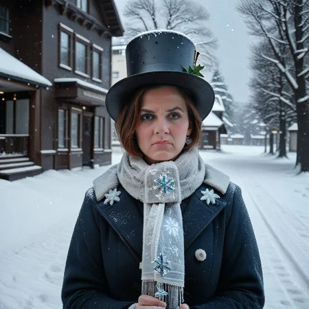 score_9,score_8,score_7,score_6up, Expressiveh, photo,  masterpiece, woman, ((1girl,  made of snow)), winter, outside, nighttime, snowing, Christmas, north pole, snowflake, (holding extremely large snowflake:1.2) scarf, top hat, snow woman, (winter village)
1girl, karen, asymmetrical bob haircut, angry, ugly