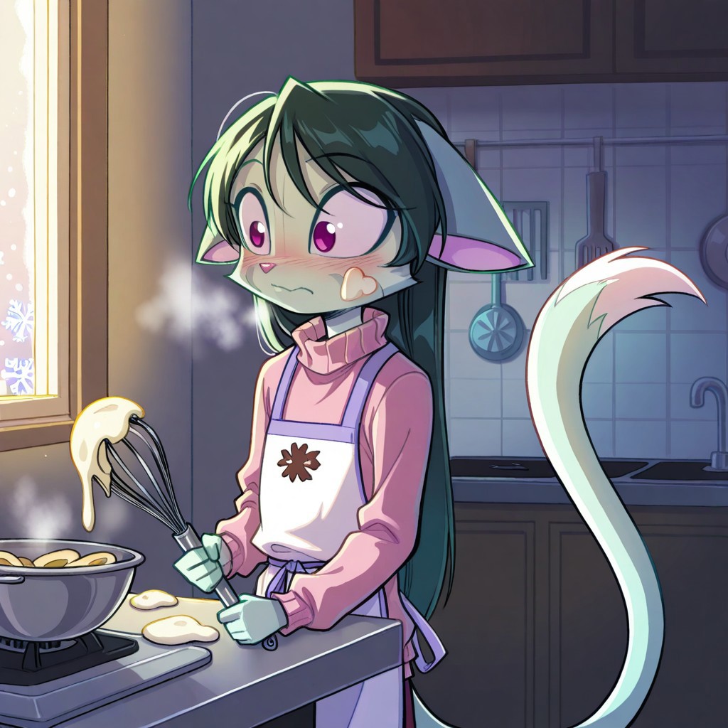 score_9, score_8_up, score_7_up,lilith_calah,
1girl,solo,furry,tail,dark green hair, source_furry,
 ,<lora:lilith_calah_illustrious:0.8>,
child, kid,
pink_sweater, apron, holding_whisk, dough_on_cheek, kitchen, steaming_cookies, blush, winter_window, snowflakes, warm_lighting