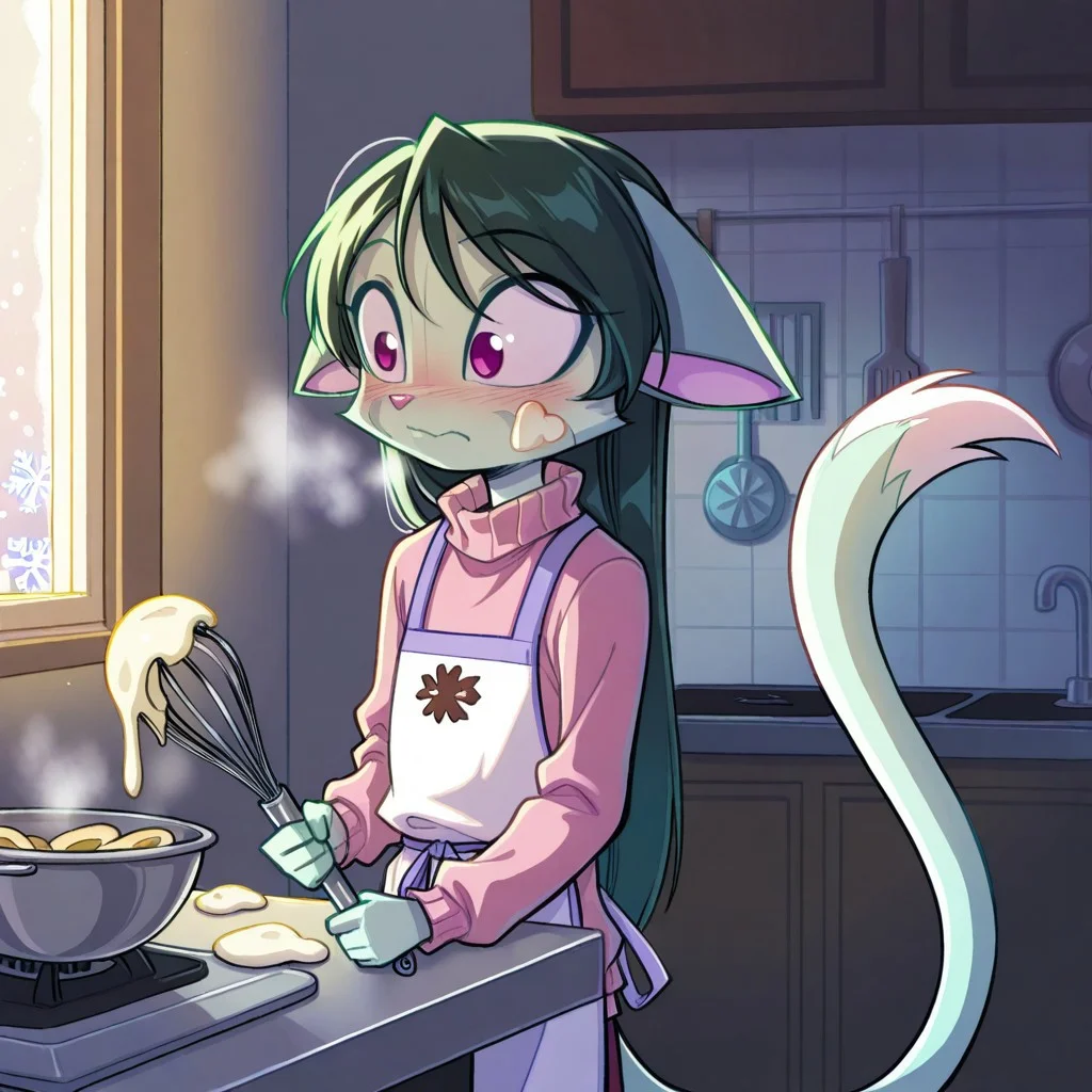 score_9, score_8_up, score_7_up,lilith_calah,
1girl,solo,furry,tail,dark green hair, source_furry,
,<lora:lilith_calah_illustrious:0.8>,
child, kid,
pink_sweater, apron, holding_whisk, dough_on_cheek, kitchen, steaming_cookies, blush, winter_window, snowflakes, warm_lighting