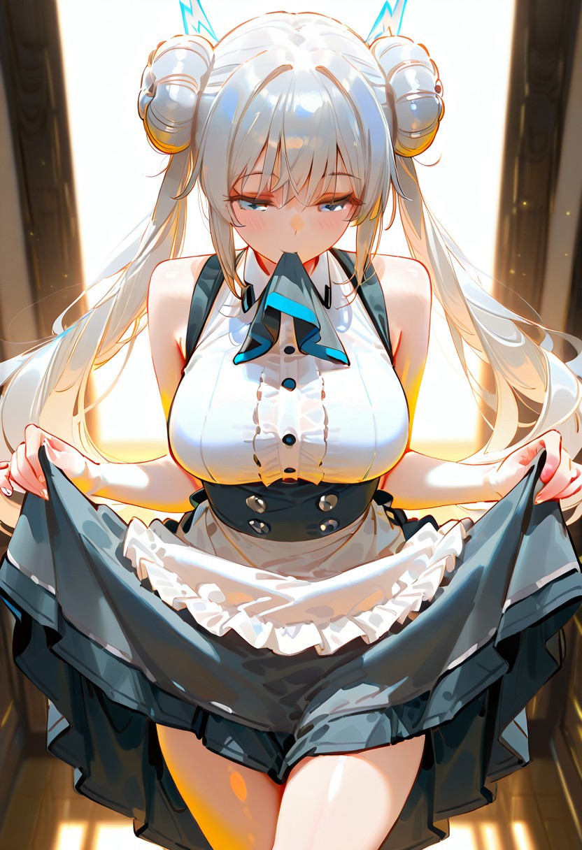 masterpiece, ultra-HD, very aesthetic, 8K, high detail, depth of field, score_9, score_8_up, score_7_up, score_6_up, perfect anatomy, no distorted limbs, accurate anatomy, best quality, (anime:1.2), 
BREAK
1girl, long white hair, lightning-shaped hair accessory, double bun ponytails, pale blue eyes, medium breasts, wearing sleeveless grey maid top with buttons, black short skirt, no maid decorations, 
skirt hold bowing, crossed legs, skirt in mouth, skirt lift, mouth hold
BREAK
BREAK
(soft lighting:1.1, warm golden glow:1.2, vivid colors, high contrast, emotional atmosphere, healing vibe, detailed background, warm sunset tones), perfecteyes, NEGATIVE_HANDS,