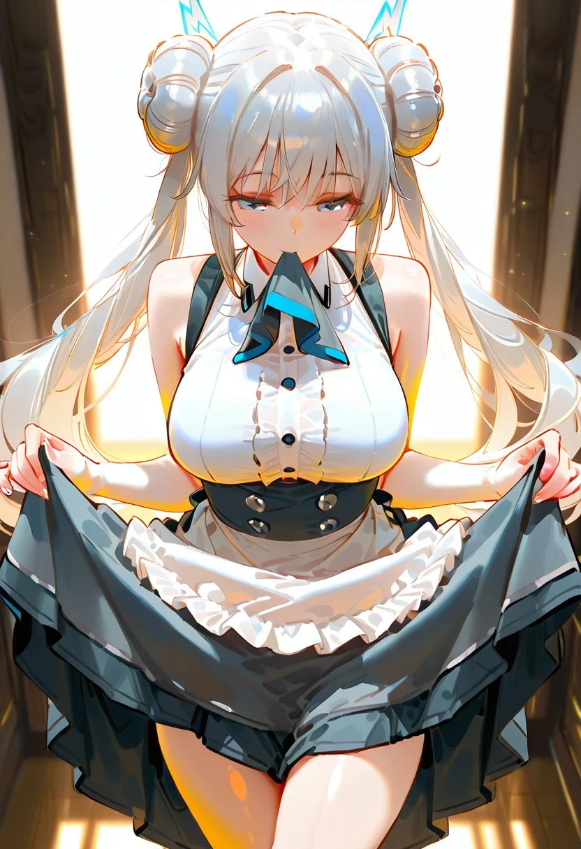 masterpiece, ultra-HD, very aesthetic, 8K, high detail, depth of field, score_9, score_8_up, score_7_up, score_6_up, perfect anatomy, no distorted limbs, accurate anatomy, best quality, (anime:1.2),
BREAK
1girl, long white hair, lightning-shaped hair accessory, double bun ponytails, pale blue eyes, medium breasts, wearing sleeveless grey maid top with buttons, black short skirt, no maid decorations,
skirt hold bowing, crossed legs, skirt in mouth, skirt lift, mouth hold
BREAK
BREAK
(soft lighting:1.1, warm golden glow:1.2, vivid colors, high contrast, emotional atmosphere, healing vibe, detailed background, warm sunset tones), perfecteyes, NEGATIVE_HANDS,