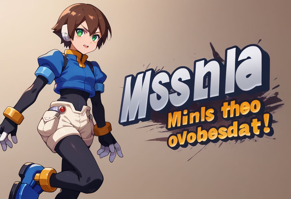score_9, score_8_up, score_7_up, source_anime, SSBUSplashArt, english text, <lora:SSBUSplashArt_XLPD_1:1.4>, <lora:PlasticChair_XLPD:1>, 1girl, small breasts, brown hair, short hair, green eyes, robot ears, black bodysuit, fingerless gloves, blue Cropped Jacket, cropped jacket, short sleeves, bracelet, shorts, anklet, shoes, blue footgear