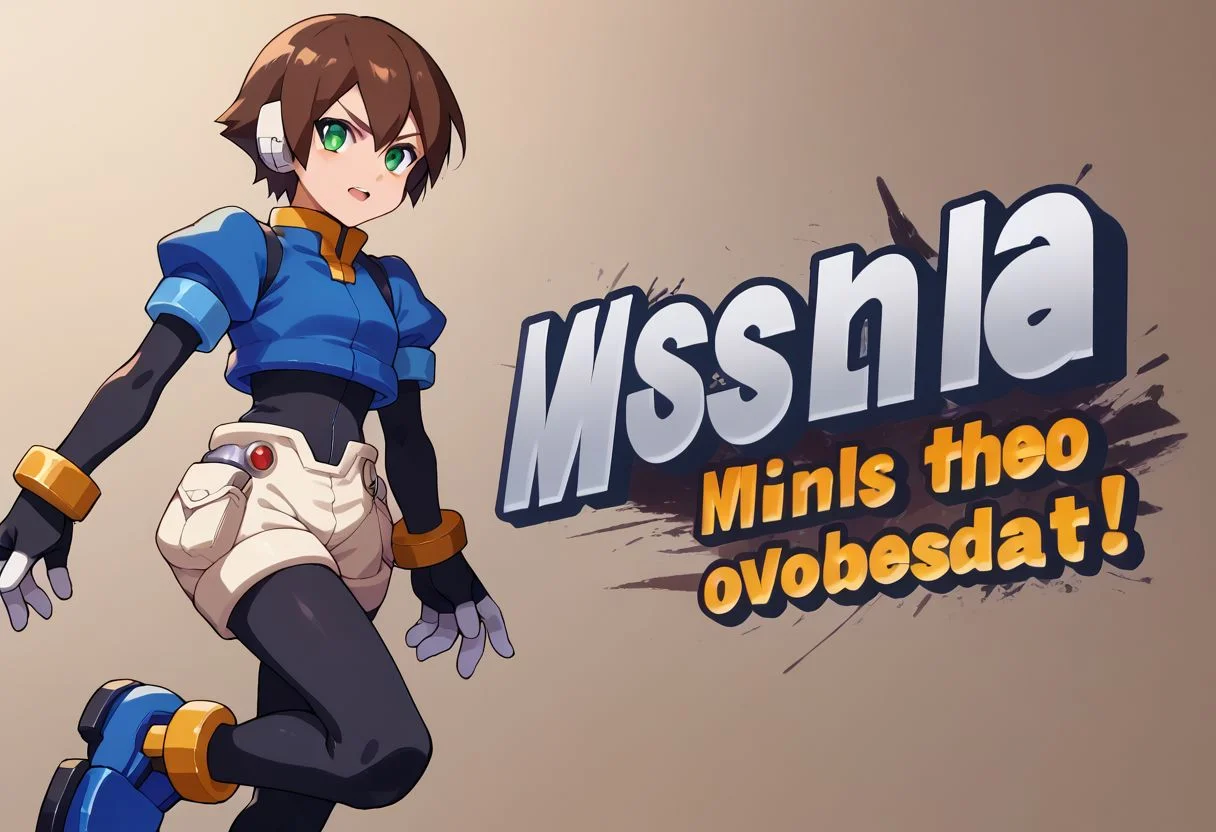 score_9, score_8_up, score_7_up, source_anime, SSBUSplashArt, english text, <lora:SSBUSplashArt_XLPD_1:1.4>, <lora:PlasticChair_XLPD:1>, 1girl, small breasts, brown hair, short hair, green eyes, robot ears, black bodysuit, fingerless gloves, blue Cropped Jacket, cropped jacket, short sleeves, bracelet, shorts, anklet, shoes, blue footgear