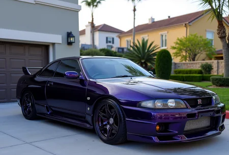 <lora:Nissan_Skyline_GT-R_R33:0.7> A slightly from below eye level of a gorgeous Nissan Skyline GT-R R33 in all its shining glory. In a style of clean look. The car has black hues with violet undertone paint job. Mirror-like, high gloss finish catches bright highlights. Vibrant, rich color palette.