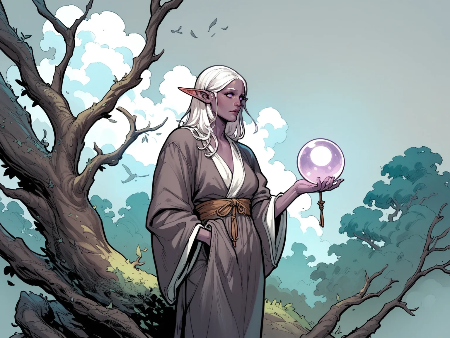 adult woman, elf, purple skin, purple eyes, white hair, robe, holding pink orb, grey sky, clouds, tree, outdoors, solo, <lora:FrankChoStyleV1:0.8>, score_9, score_8_up, score_7_up