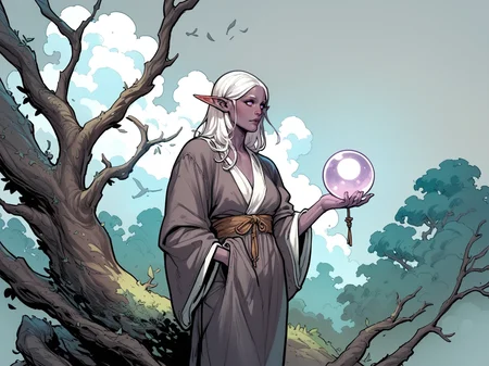 adult woman, elf, purple skin, purple eyes, white hair, robe, holding pink orb, grey sky, clouds, tree, outdoors, solo, <lora:FrankChoStyleV1:0.8>, score_9, score_8_up, score_7_up