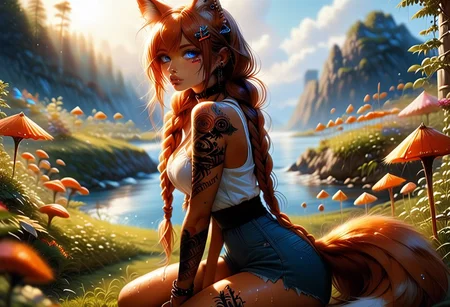 realistic, photographic, real life, analog style, raw photo, masterpiece, best quality, highly detailed skin, (side view, full body view, wide shot), 1girl, skinny body, (medium tan skin), ultra long hair, orange hair, twin braids, blue eyes, big round eyes, wet lips, heavy firm breasts, narrow waist, wide hips, skinny body, pleased, laced necklace, ruined make-up, piercings, arm bracelet, rings, furry, fox tail, fox ears, fox eyes, kneeling in the grass, with mushrooms in background, scenery, cinematic lighting, volumetric lighting, colorful, jewelry, sticker, hair ornament, hairclip, ear piercing, ring, choker, tattoos