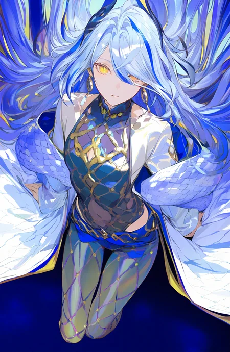 solo, long_hair, looking_at_viewer, long_sleeves, jewelry, blue_hair, yellow_eyes, pants, hair_over_one_eye, snake