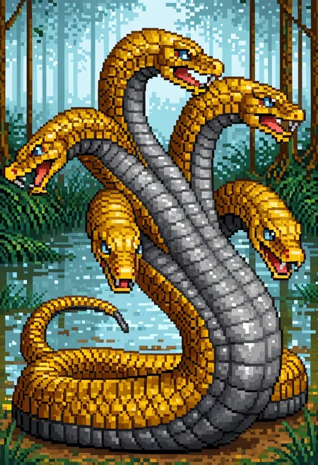 heroes2, pixel art, from side, full body, reptilian, hydra, multi head, yellow body, snake, grey belly, monster, yellow scales, shadow, multihead, five heads, light blue eyes, solo, facing side, looking ahead, feral, tail, swamp, detailed background,
, <lora:HoMM_v8NoobBs975:0.8>,
