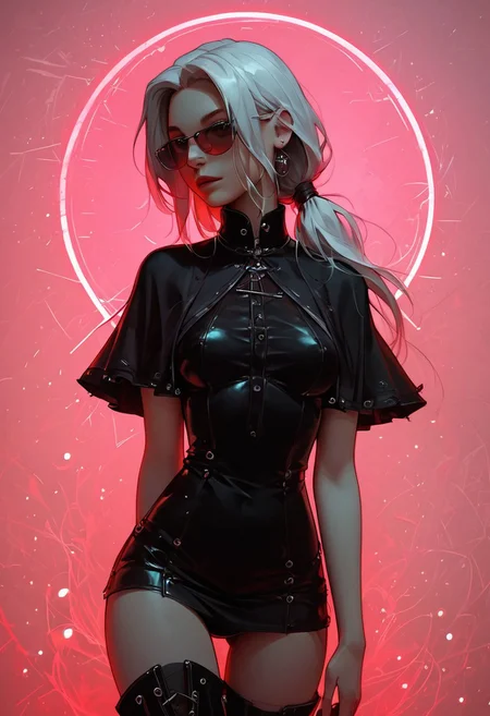 score_9, score_8_up, score_7_up, score_6_up, score_5_up, score_4_up, detailed background, cowboy shot, dutch angle. Stylized image with sharp lines and flat colors.
1 girl, solo, 18 years, slim build, medium breasts, slim thighs
Flowing white hair tied into a low ponytail with metallic clasps, a fitted black dress with glowing neon blue trim along its seams, a capelet of shimmering silver fabric, thigh-high metallic boots, and oversized reflective sunglasses, leaning against a gravity-defying fountain surrounded by colorful robotic sculptures.