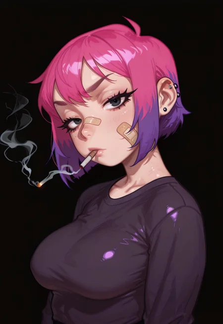 4k, fine detail, high quality eyes, masterpiece, best quality, amazing quality, geh1, 4s0r4, eigaka, possmach, artist:moriimee, 1 girl, solo girl, medium breasts, ramflo, short hair, multicolored hair, two-tone hair, pink hair, purple hair, long eyelashes, black eyes, bruises, bandaid on face, head tilt, half closed eyes, smoking, black background, ear piercing, closed mouth, simple background, gritty theme, looking at viewer, dim light, v eyebrows, depth of field,